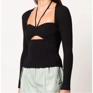 Jonathan Simkhai Alexia Halter Neck Black Ribbed Long Sleeve Tie Top XS